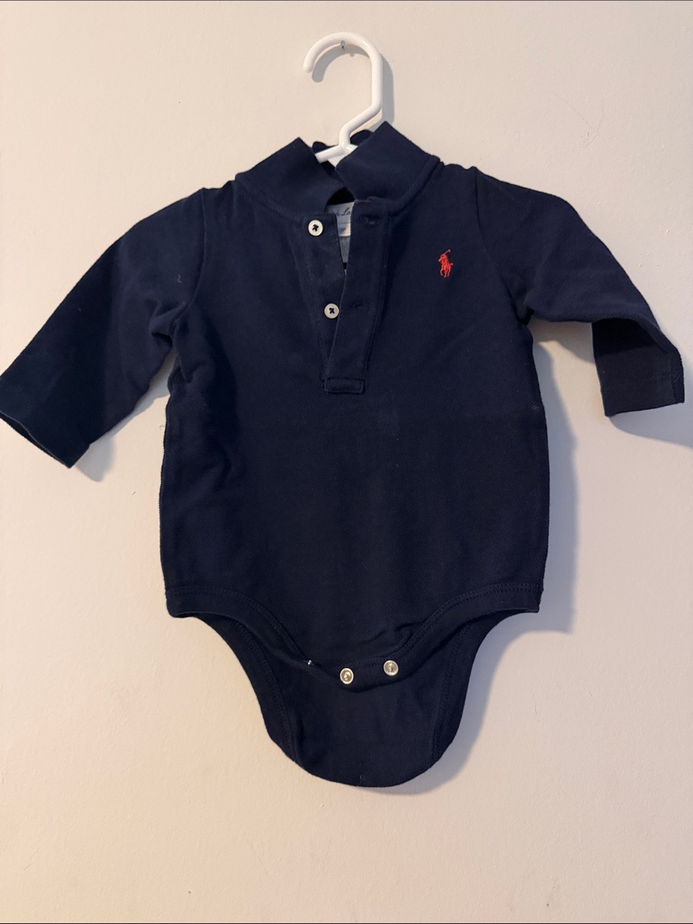 Ralph Lauren Navy Long-Sleeve Polo Bodysuit with Red Pony